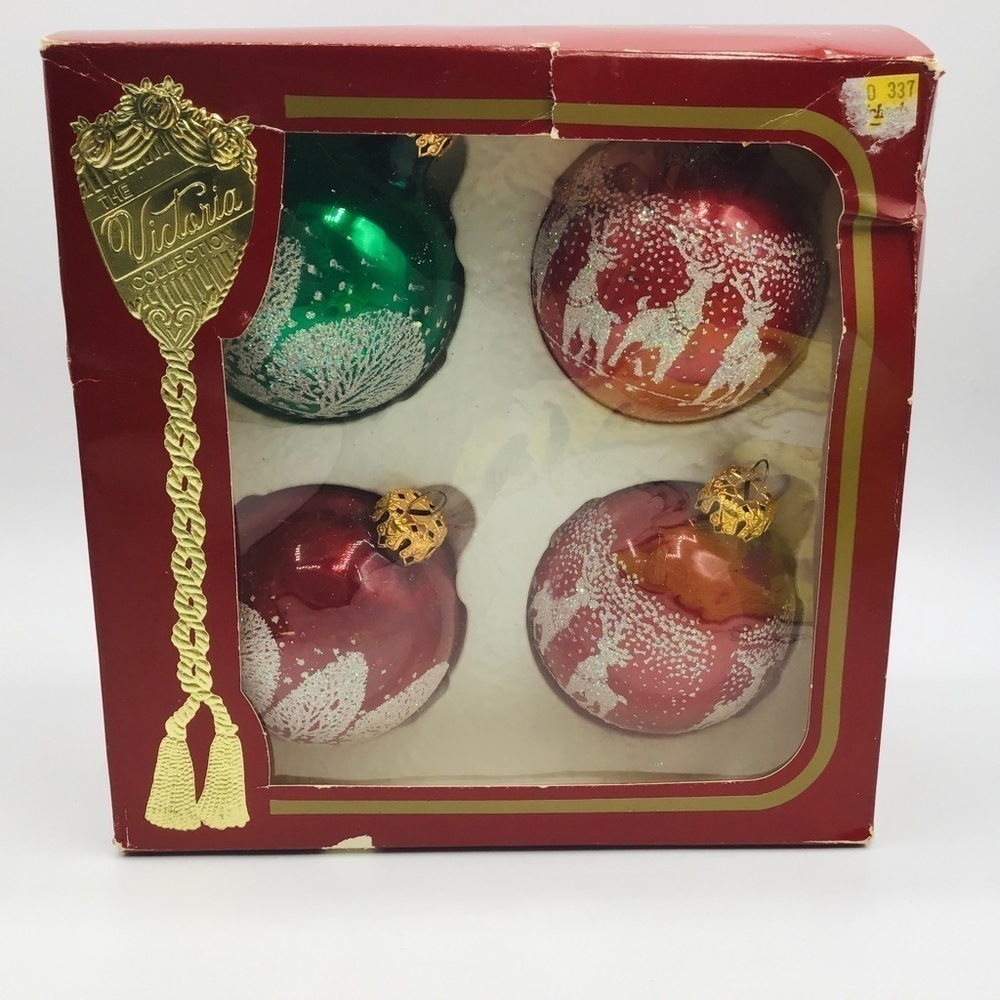 Vtg Box Of 4 Victoria Collection Glass Christmas Ornaments Glitter Trees Deer